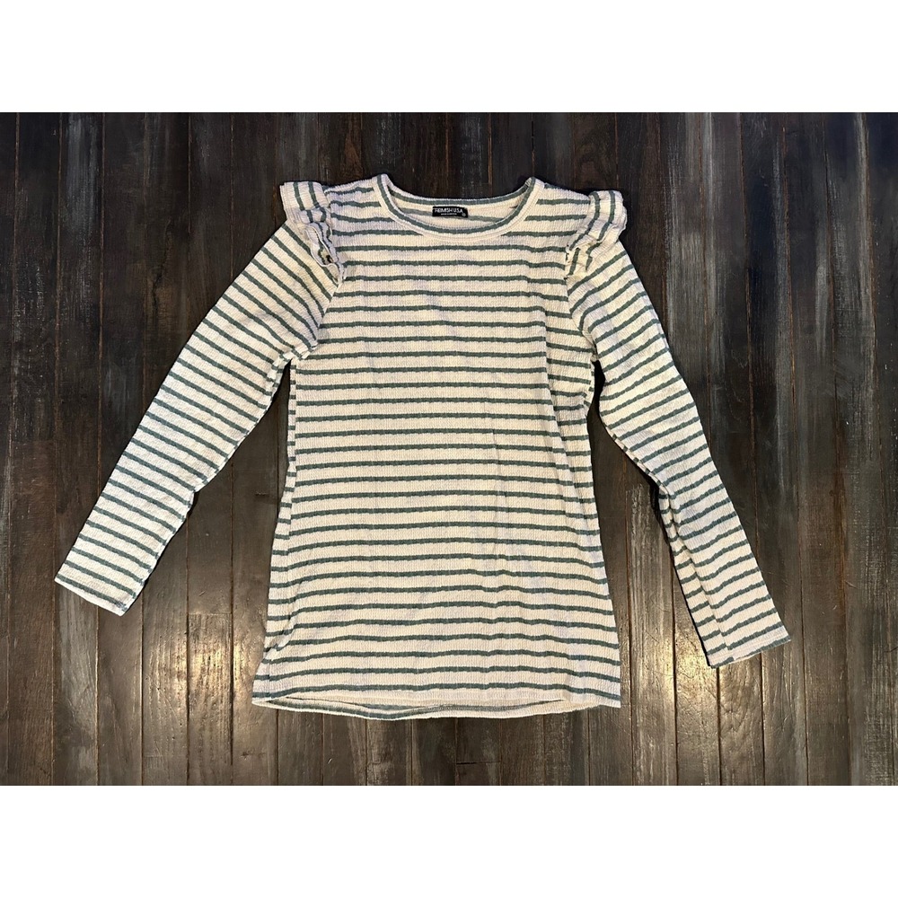 Heimish USA Green Striped Ruffle Shoulder Long Sleeve Textured Knit Top